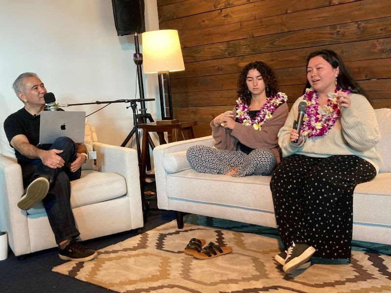 Mirasol and Beth sit down on the couch with Pastor Dave